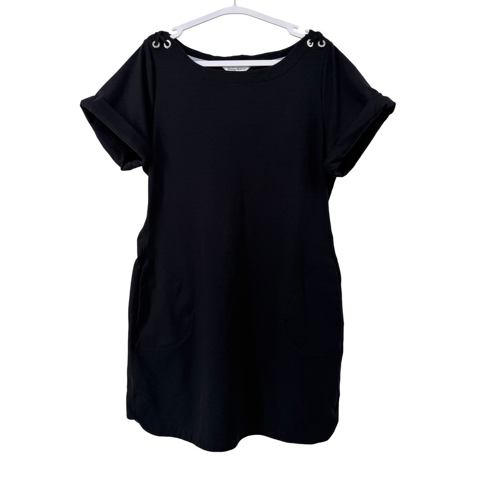 Tommy Bahama Womens Black Short Sleeve Pocket Shift Dress Grommet Detail Size M
